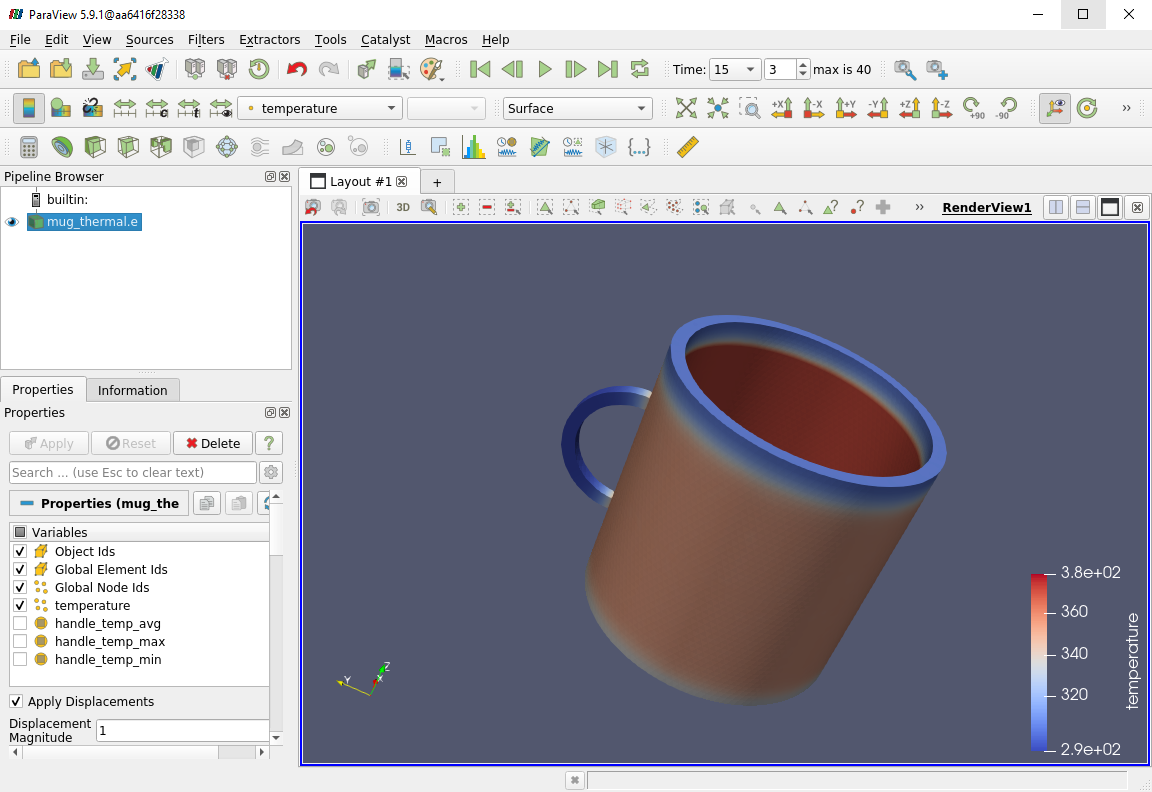 The results of the Ceramic mug simulation in Paraview.