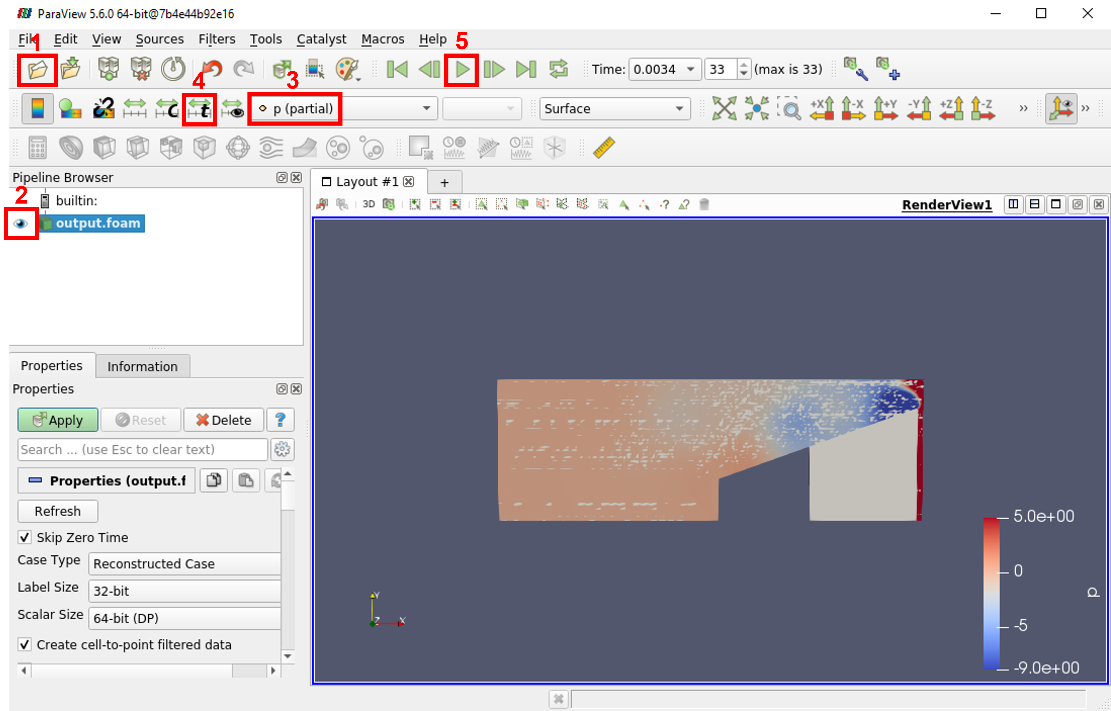 A screenshot of the Paraview window showing the result, with the buttons mentioned in each step above highlighted in red boxes.