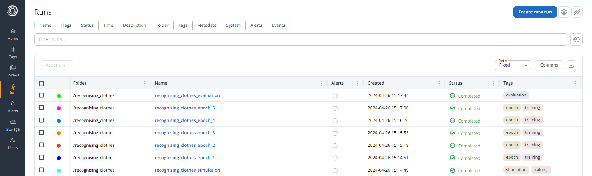 The runs created automatically by Simvue during model training.